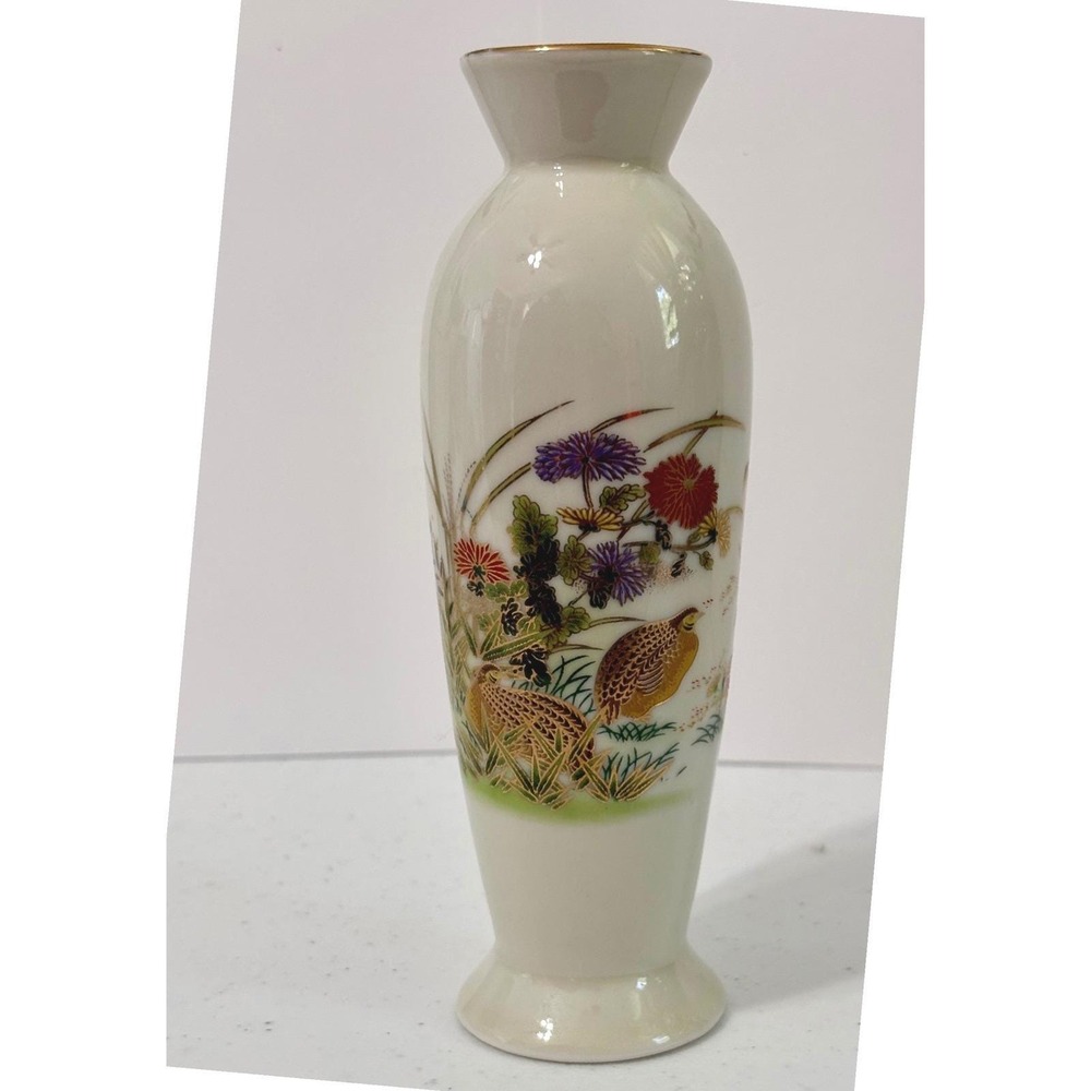Vintage Otagiri Japan Porcelain Bud Vase Quail Bird Chrysanthemum Gold Trim